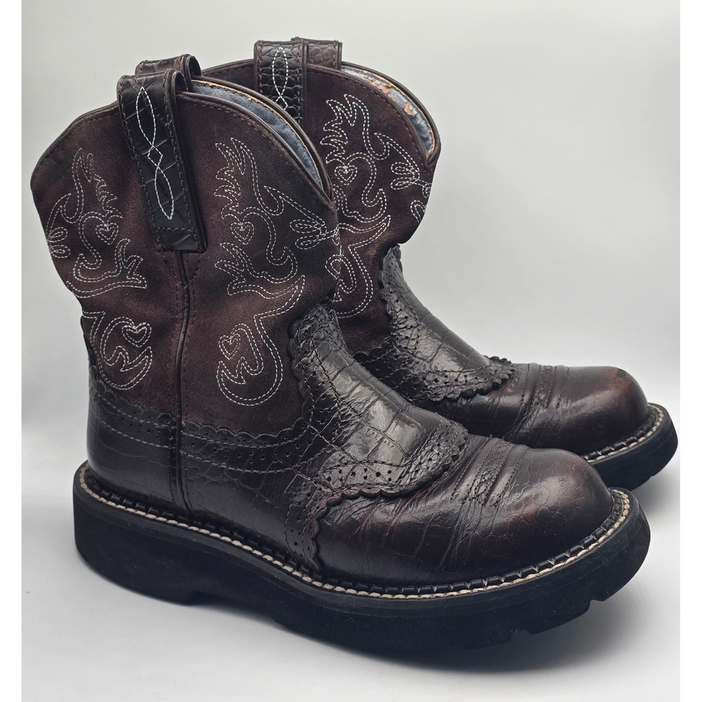 Ariat Fatbaby Boots Youth 6 Brown Western Leather Faux Croc Embroidered Suede